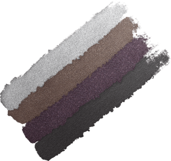 Ukośne swatche cieni Max Factor Colour Expert Mini Palette: jasnoszary, taupe, śliwkowy, ciemnoszary.