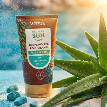 Venus Golden Sun kremowy żel po opalaniu z aloesem 25% w brązowej tubce z turkusowym wzorem, na tle wody.