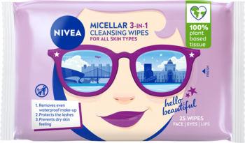 Nivea Micellar 3-w-1 chusteczki do demakijażu, 100% roślinne, w fioletowej torebce z grafiką twarzy i okularami.