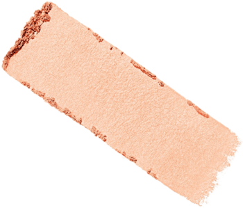 Zbliżenie na prostokątny swatch ultralekkiego rozświetlacza Rimmel High'light 002 Candlelit, jasny brzoskwiniowy z drobinkami.