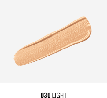 Rimmel Multi-Tasker korektor, jasny beżowy odcień 030 Light, nałożony skośnie na szarym tle.
