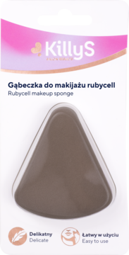 KillyS gąbeczka do makijażu rubycell w ciemnym szarym odcieniu, trójkątna, w opakowaniu, z napisem Delicate.