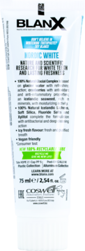 Tył białej tubki pasty BlanX Nordic White. Opis naturalnych składników, informacja o recyklingu, 75ml.
