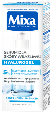 Front opakowania Mixa Hyalurogel serum dla skóry wrażliwej z 5% niacynamidu, pantenolu i kwasu hialuronowego.