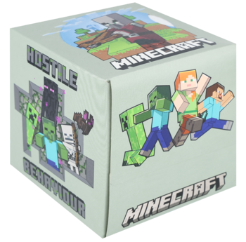 Sześcienne pudełko Minecraft z dynamiczną grafiką Steve'a, Alexa, Creepera i Zombie. Bok z napisami "HOSTILE BEHAVIOUR" i wizerunkami mobów.
