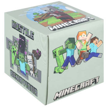 Sześcienne pudełko Minecraft z dynamiczną grafiką Steve'a, Alexa, Creepera i Zombie. Bok z napisami "HOSTILE BEHAVIOUR" i wizerunkami mobów.