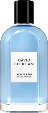 David Beckham Infinite Aqua perfumy męskie, jasnoniebieska butelka z czarną zakrętką, biała etykieta, widok z przodu.
