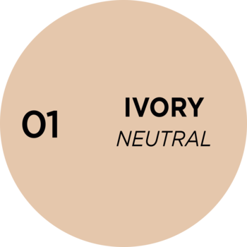 Okrągły swatch podkładu Eveline Better Than Perfect, odcień 01 Ivory Neutral, jasny beż na czarnym tle.