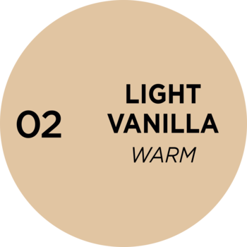 Okrągła próbka podkładu Eveline Better Than Perfect, odcień 02 Light Vanilla Warm, beżowy kolor.