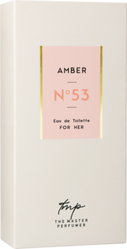 Białe pudełko wody toaletowej Amber N°53 The Master Perfumer dla kobiet, z różową etykietą, ujęcie z przodu.