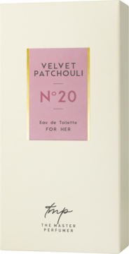 Woda toaletowa Velvet Patchouli N°20 The Master Perfumer w białym pudełku z różowo-złotą etykietą, widok z przodu.