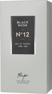 Białe pudełko wody toaletowej The Master Perfumer Black Musk N°12 dla mężczyzn, z czarną etykietą, widok z przodu.