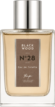 Black Wood N°28 Eau de Toilette męski, bursztynowy płyn w szklanej butelce z metalową nakrętką, przód.