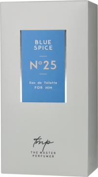 Białe pudełko wody toaletowej Blue Spice N°25 The Master Perfumer, z niebieskim panelem na froncie, dla mężczyzn.