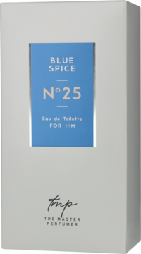 Białe pudełko wody toaletowej Blue Spice N°25 The Master Perfumer, z niebieskim panelem na froncie, dla mężczyzn.