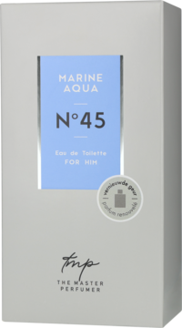 Męska woda toaletowa The Master Perfumer Marine Aqua N°45, szare pudełko z błękitną etykietą, widok frontalny.