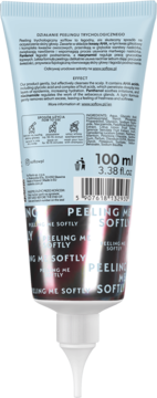 Tył błękitnej tubki so!flow, oczyszczający peeling trychologiczny AHA, z białym zamknięciem i tekstem.