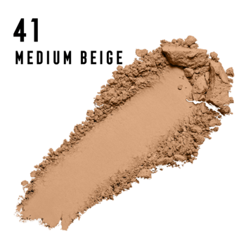 Swatch Max Factor Creme Puff puder 041 Medium Beige, proszek rozsypany na białym tle z oznaczeniem koloru.