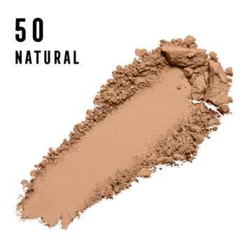 Max Factor Creme Puff 50 Natural, beżowy puder do twarzy o matowym wykończeniu, rozsypany na białym tle.