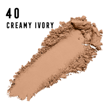 Próbka pudru prasowanego Max Factor Creme Puff 4.0 Creamy Ivory, w formie rozsypanej smugi, na białym tle.