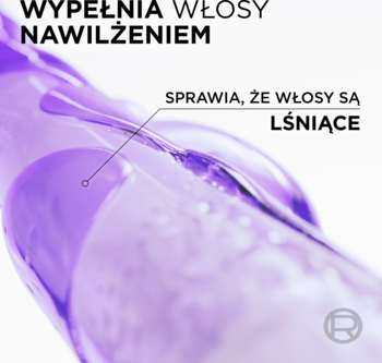 Zbliżenie na falę fioletowego szamponu Elseve Hyaluron Plump, z tekstem o nawilżeniu i blasku włosów.