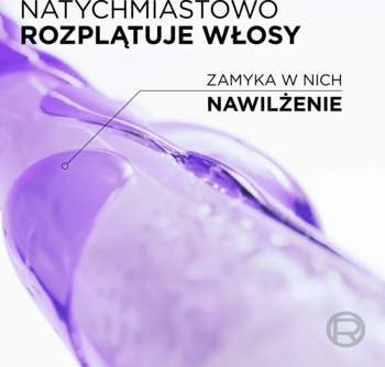 Zbliżenie na włosy z fioletową odżywką Elseve Hyaluron Plump. Napisy: 'rozplątuje włosy' i 'zamyka nawilżenie'.