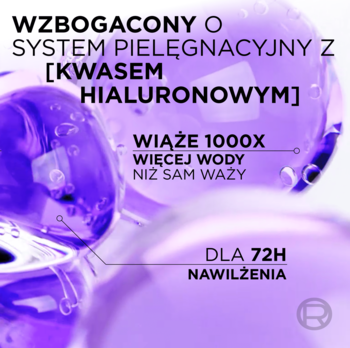 Close-up fioletowego serum Hyaluron Plump z kwasem hialuronowym, obiecującego 72h nawilżenia.
