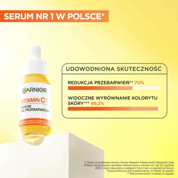 Garnier Serum Vitamin C na przebarwienia, pomarańczowa butelka z pipetą, widok z przodu z claimem 70% redukcji.