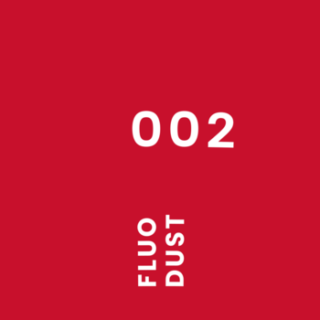 Czerwona kwadratowa grafika z białym napisem 002 i pionowym FLUO DUST, numer lakieru hybrydowego.
