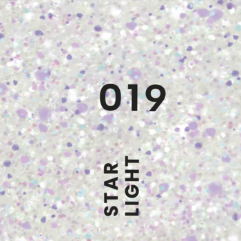Lakier hybrydowy Star Light 019: biała baza z mieniącym się fioletowym, różowym i niebieskim brokatem, widok z góry.