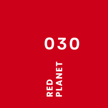 Czerwone tło z białym numerem 030 i pionowym napisem RED PLANET, branding kolekcji lakierów hybrydowych.