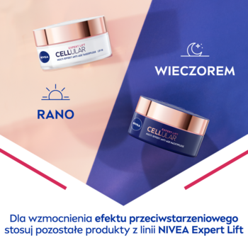 Dwa kremy NIVEA Cellular Expert Lift: biały na dzień (RANO) i granatowy na noc (WIECZOREM) na dwukolorowym tle.