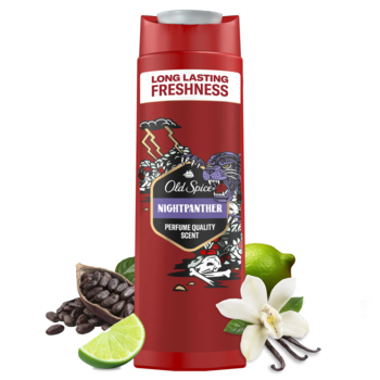 Czerwony Old Spice Night Panther żel/szampon z napisem "LONG LASTING FRESHNESS". Widok z przodu z limonką, wanilią, kakao.
