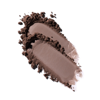 Wodoodporny puder do brwi, dwukolorowy brązowy swatch na białym tle. Widać sypką teksturę.
