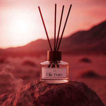 Pachnące patyczki Ellie Pure, dyfuzor w szklanej butelce z czarnymi patykami, na czerwonej skale o zachodzie słońca.