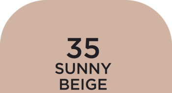 Częściowe ujęcie beżowego swatcha podkładu Wonder Match, z numerem 35 i nazwą odcienia Sunny Beige.