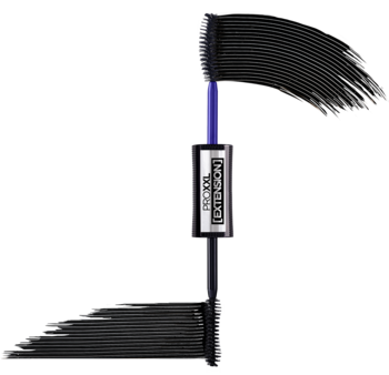 L'Oréal Paris PRO XXL EXTENSION tusz do rzęs z dwiema czarnymi, rozłożonymi szczoteczkami, widok na dualny aplikator.