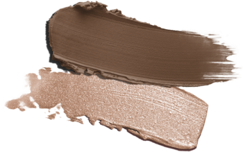 Kremowe swatche Wonderstick Dual Face Lift: matowy brąz do konturowania i rozświetlający beżowy cień.
