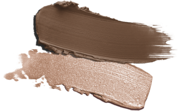 Kremowe swatche Wonderstick Dual Face Lift: matowy brąz do konturowania i rozświetlający beżowy cień.