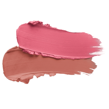 Wonder Stick Cream Blush: dwa kremowe swatche różu, jasnoróżowy i brązowo-nude, na białym tle.