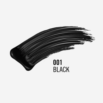 Rimmel London Thrill Seeker 001 Black: czarny swatch maskary, symbol intensywnej objętości, z napisem '001 Black'.