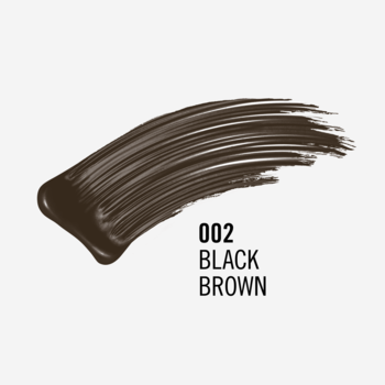 Rimmel London Thrill Seeker 002 Black Brown – swatch ciemnobrązowego tuszu do rzęs na szarym tle, widoczny numer.