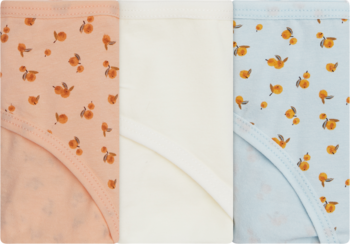 Zestaw 3 par majtek damskich Henderson L: brzoskwiniowe, kremowe i niebieskie, wszystkie w drobne kwiatki.