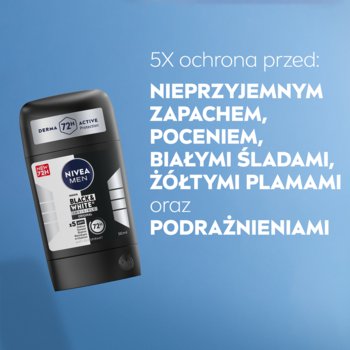 NIVEA MEN Black & White Original, czarny antyperspirant w sztyfcie, widok z przodu, z 5X ochroną przed plamami.