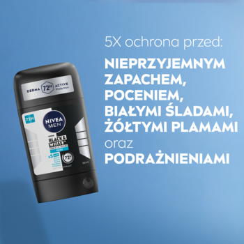 NIVEA MEN Black & White Fresh stick, czarny, pod kątem na tle niebieskim, z tekstem 5X ochrony.