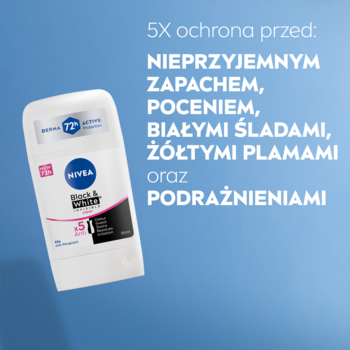 NIVEA Black & White Clear antyperspirant w sztyfcie na niebieskim tle z opisem 5X ochrony.