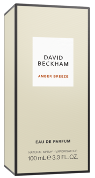 David Beckham Amber Breeze Eau de Parfum, beżowo-czarne pudełko 100ml, widok z przodu pod kątem.
