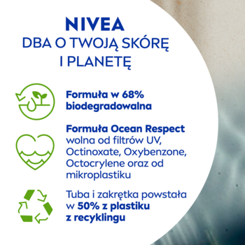 NIVEA SUN Alpin, opakowanie z zielonym tekstem: 68% biodegradowalna formuła, bez mikroplastiku, 50% recyklingu.