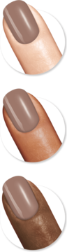 Lakier Sally Hansen Miracle Gel 212 Mocha Me Crazy na palcach o trzech odcieniach skóry. Połyskujące, beżowe paznokcie.