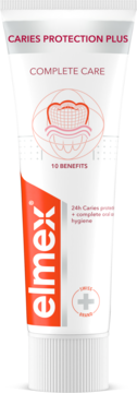 Biała tubka pasty elmex Caries Protection Plus Complete Care z czerwonym logo i fioletowymi napisami, widok z przodu.